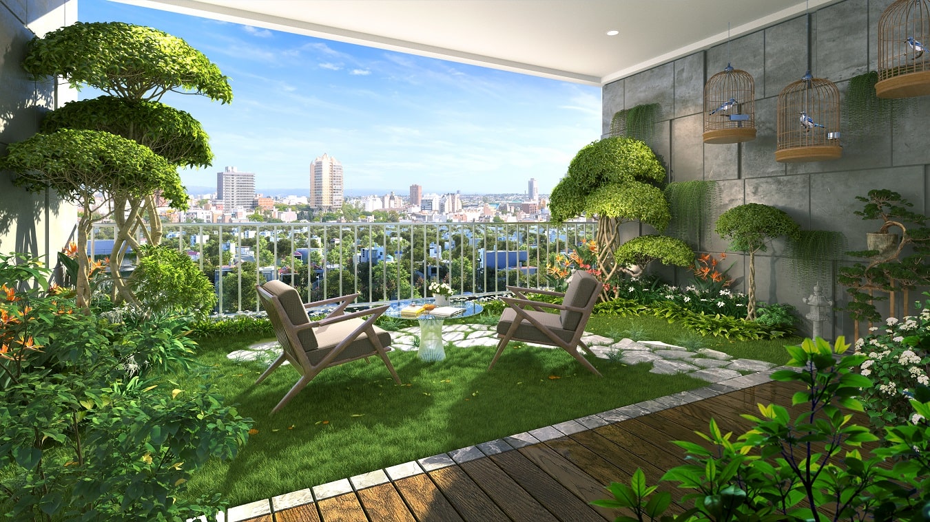 Ban công căn hộ toà Zen Tower dự án Feliz Homes rộng tới 17m2.